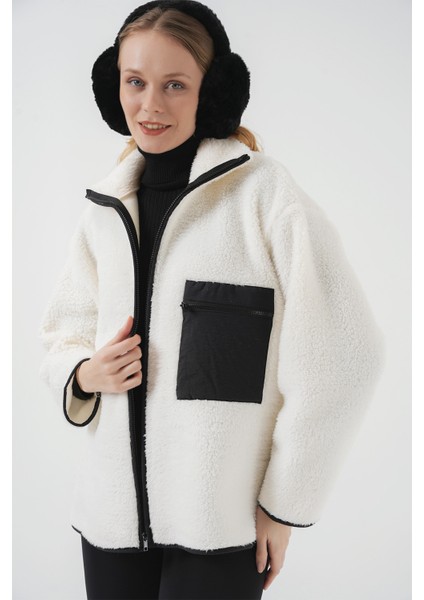 55446 Fermuarlı Oversize Peluş Ceket Mont - D. Siyah