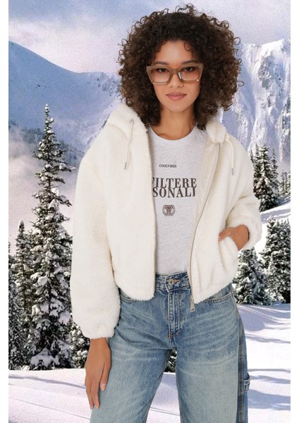 5193 Kapüşonlu Peluş Crop Ceket - Ekru