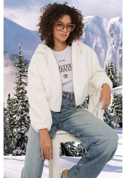 5193 Kapüşonlu Peluş Crop Ceket - Ekru fiyatları