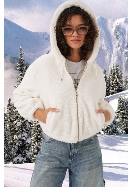 5193 Kapüşonlu Peluş Crop Ceket - Ekru fırsatları