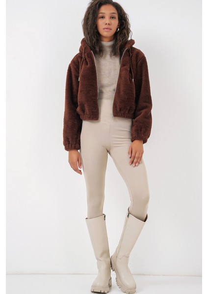5193 Kapüşonlu Peluş Crop Ceket - Kahverengi fırsatları