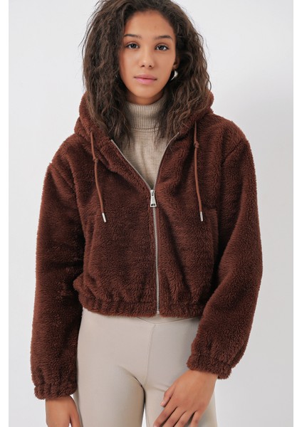 5193 Kapüşonlu Peluş Crop Ceket - Kahverengi indirimleri