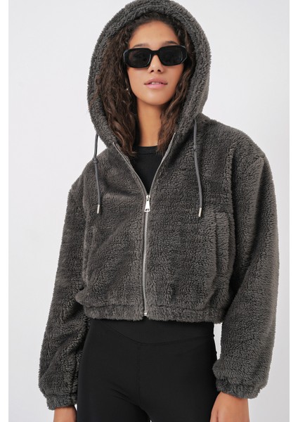 5193 Kapüşonlu Peluş Crop Ceket - Antrasit