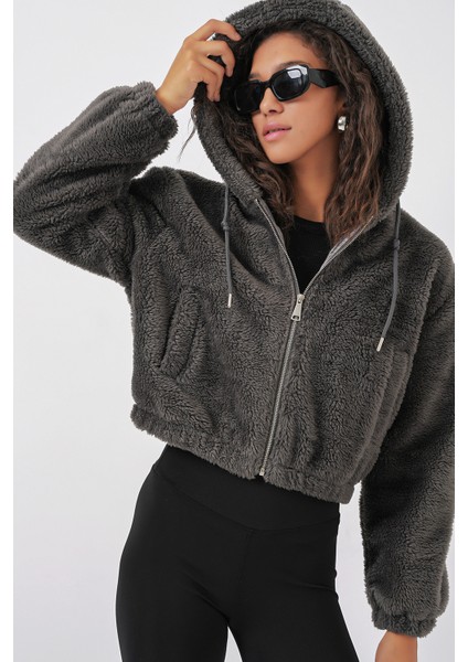 5193 Kapüşonlu Peluş Crop Ceket - Antrasit indirimleri