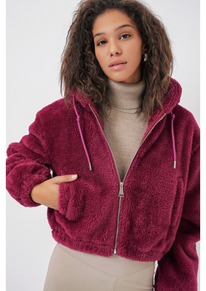 5193 Kapüşonlu Peluş Crop Ceket - Mürdüm