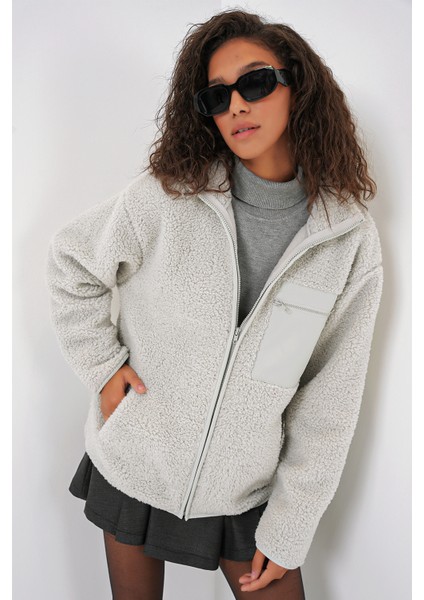55455 Kadın Fermuarlı Oversize Peluş Ceket - Taş
