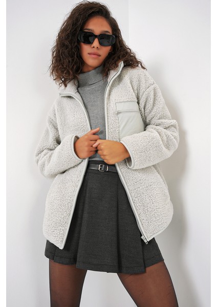 55455 Kadın Fermuarlı Oversize Peluş Ceket - Taş