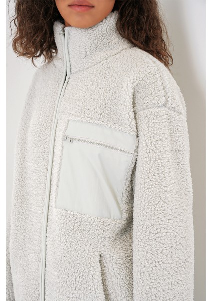 55455 Kadın Fermuarlı Oversize Peluş Ceket - Taş
