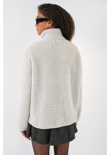 55455 Kadın Fermuarlı Oversize Peluş Ceket - Taş