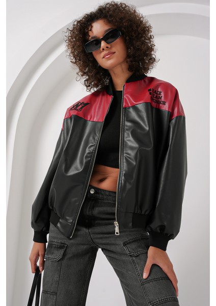 0698 Baskılı Suni Deri Bomber Ceket - Bordo