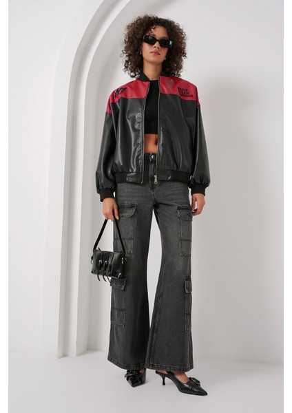 0698 Baskılı Suni Deri Bomber Ceket - Bordo fiyatları