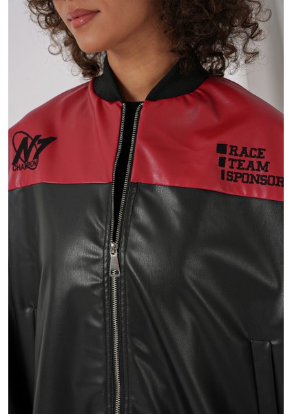 0698 Baskılı Suni Deri Bomber Ceket - Bordo indirimleri