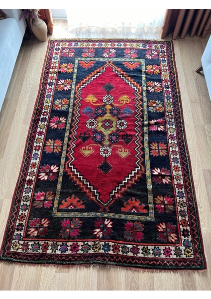 147 x 250 cm El Yapımı Kırmızı-Siyah Türk Kilimi, Çiçek Desenli Antika Halı, Ev Için Yün Yolluk