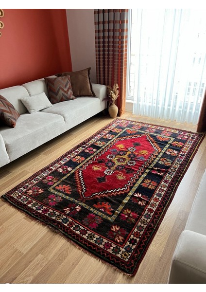 147 x 250 cm El Yapımı Kırmızı-Siyah Türk Kilimi, Çiçek Desenli Antika Halı, Ev Için Yün Yolluk modelleri