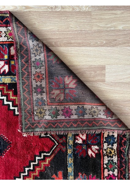 147 x 250 cm El Yapımı Kırmızı-Siyah Türk Kilimi, Çiçek Desenli Antika Halı, Ev Için Yün Yolluk fırsatları