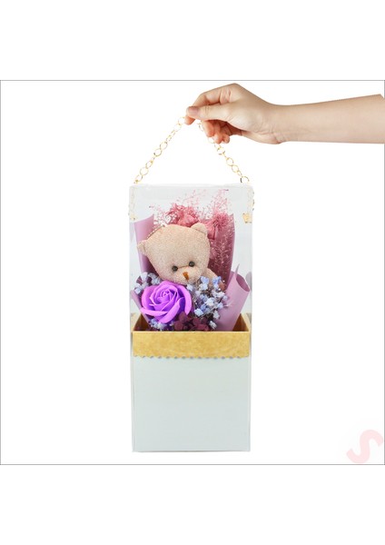 Pvc Kutulu,pelüş Ayıcık ve Mor Güllü Kuru Çiçek Buketi 26 cm x 11 cm