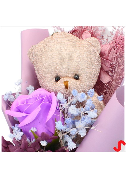 Pvc Kutulu,pelüş Ayıcık ve Mor Güllü Kuru Çiçek Buketi 26 cm x 11 cm indirimleri