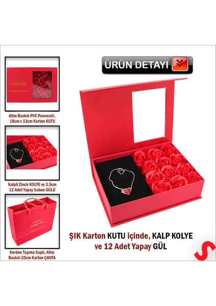 12 Adet Yapay Gül ve Kalp Kolyeli, Çantalı Kutu Seti, Kırmızı