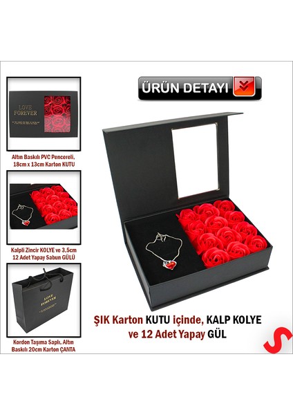 12 Adet Yapay Gül ve Kalp Kolyeli, Çantalı Kutu Seti, Siyah