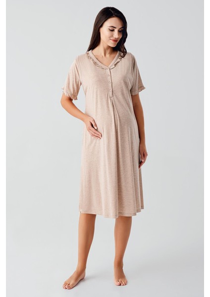 Kısa Kollu Düğmeli Esnek Pamuklu Hamile Gecelik 17100