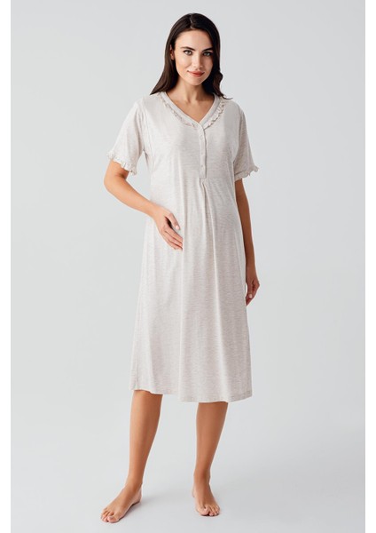 Kısa Kollu Düğmeli Esnek Pamuklu Hamile Gecelik 17100