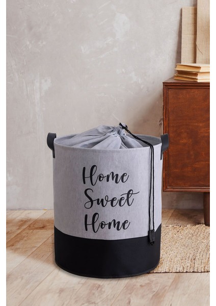 Home Sweet Home Baskılı Fileli Gri Kıyafet Çamaşır Sepeti 37X40