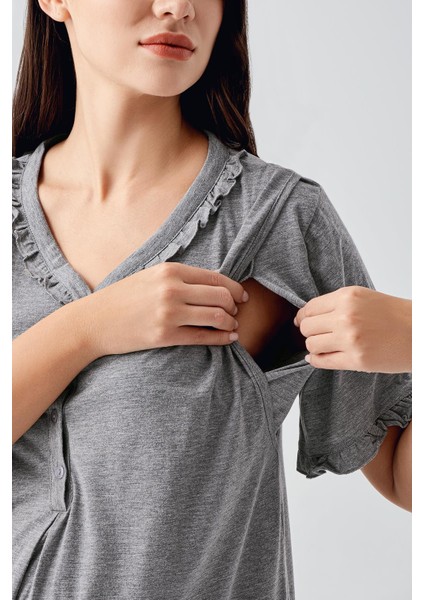 Kısa Kollu Düğmeli Esnek Pamuklu Hamile Gecelik 17100 modelleri