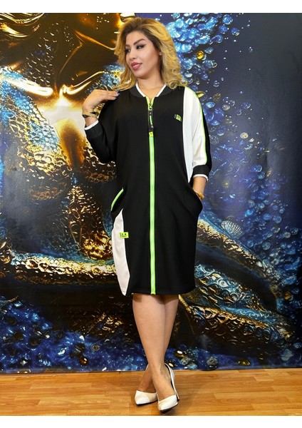 Elbise Cepli Fermuarlı Üç Pamuk Ipliği Yüksek Kalite Siyah Desenli Kimono Kol Diz Altı Boyu fiyatları