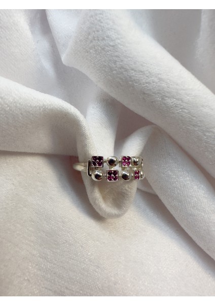 Pembe Taşlı Minik Kareli 925 Ayar Silver Gümüş Yüzük