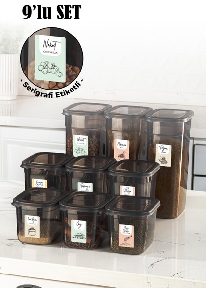 9lu Beyaz Serigrafi Etiketli Peggy Dikdörtgen Saklama Kabı 3x(1,3 lt + 2 lt + 3,2 lt) Antrasit