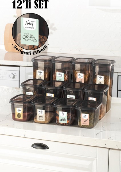 12li Beyaz Serigrafi Etiketli Peggy Dikdörtgen Saklama Kabı 4x(1,3-2-3,2 lt) Antrasit