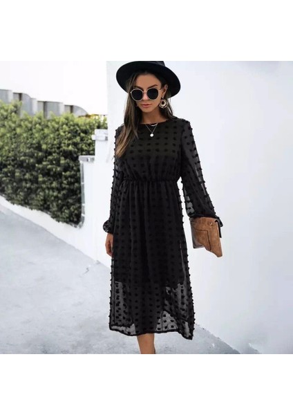 Kadın Uzun Kollu Astar Detay Fırsat Ürün Ponpon Şifon Elbise