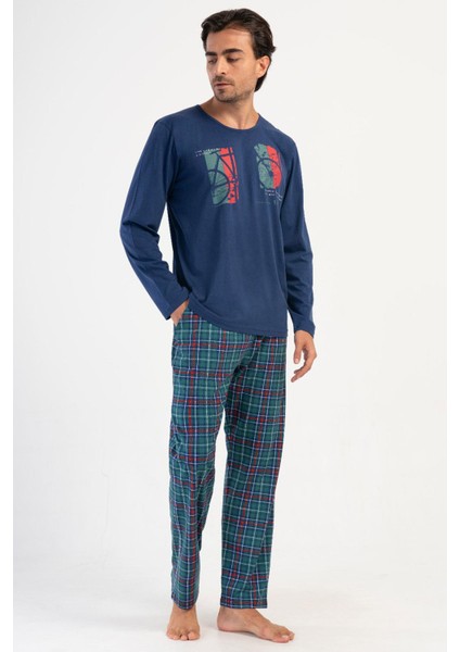 Erkek Uzun Kol İndigo %100 PAMUK Pijama Takım C2T4N1O504