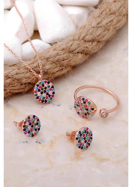 Mix Taşlı Tasarım Rose Gümüş Set 2541