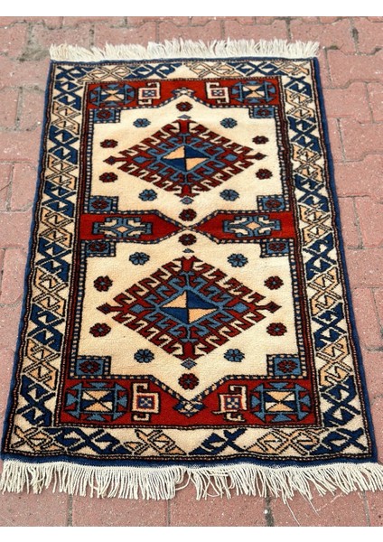 78 x 121 cm Nostaljik El Yapımı Canlı Renkli Küçük Halı, Kırmızı-Mavi Türk Kilimi, Oriental Desenli Ender Yün Halı