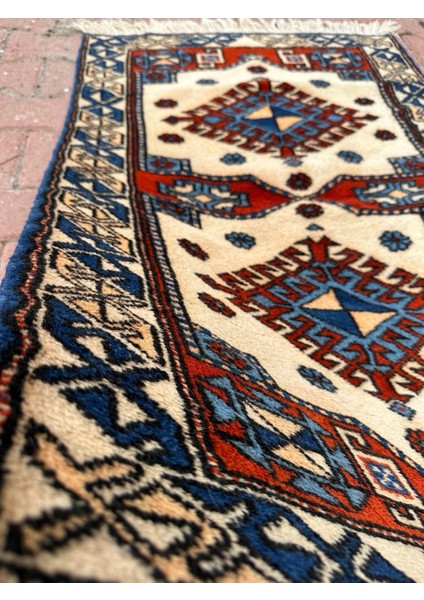 78 x 121 cm Nostaljik El Yapımı Canlı Renkli Küçük Halı, Kırmızı-Mavi Türk Kilimi, Oriental Desenli Ender Yün Halı fırsatları