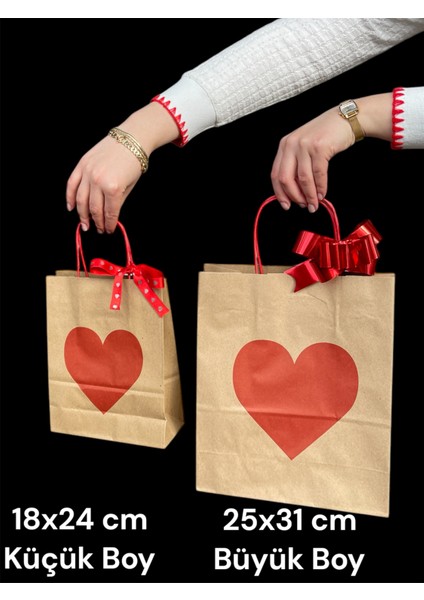 Sevgililer Günü Özel Kırmızı Kalp Baskılı Kraft Kağıt Çanta / 2 Büyük + 2 Küçük Vee Çeksüs modelleri