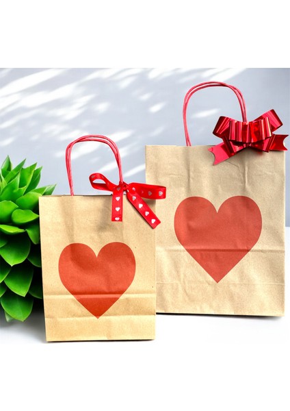 Sevgililer Günü Özel Kırmızı Kalp Baskılı Kraft Kağıt Çanta / 2 Büyük + 2 Küçük Vee Çeksüs fırsatları