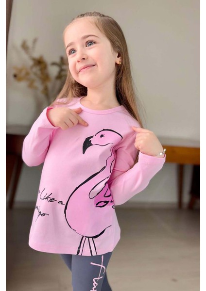 Kız Çocuk Flamingo Baskı ve Yazı Detaylı Pembe Taytlı Takım modelleri