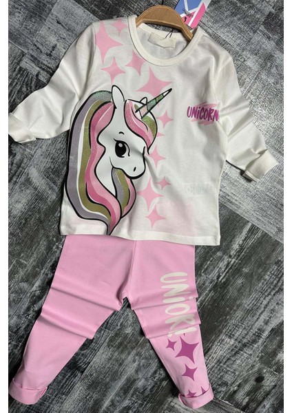 Kız Çocuk Üzeri Yıldız ve Unicorn Baskılı Pembe Taytlı Takım