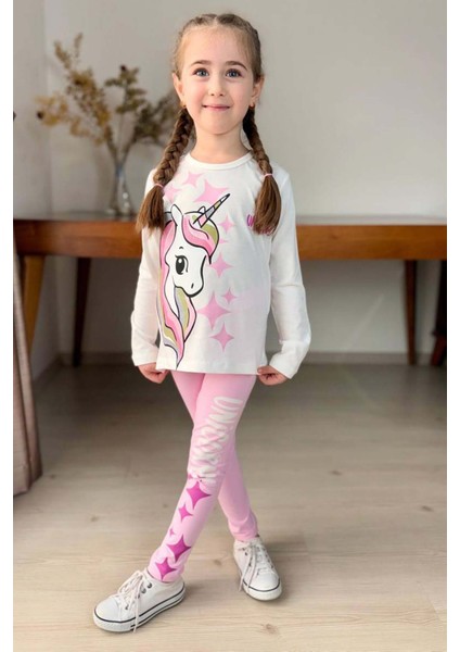 Kız Çocuk Üzeri Yıldız ve Unicorn Baskılı Pembe Taytlı Takım fiyatları