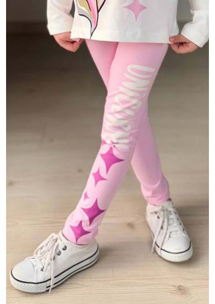 Kız Çocuk Üzeri Yıldız ve Unicorn Baskılı Pembe Taytlı Takım fırsatları
