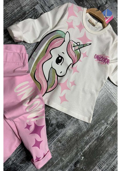 Kız Çocuk Üzeri Yıldız ve Unicorn Baskılı Pembe Taytlı Takım indirimleri