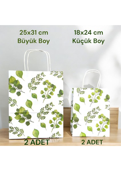 Özel Tasarım Yaprak Baskılı Beyaz Kağıt Çanta /2 Büyük +2 Küçük/ Toplam 4 Adet/tr' De Tek