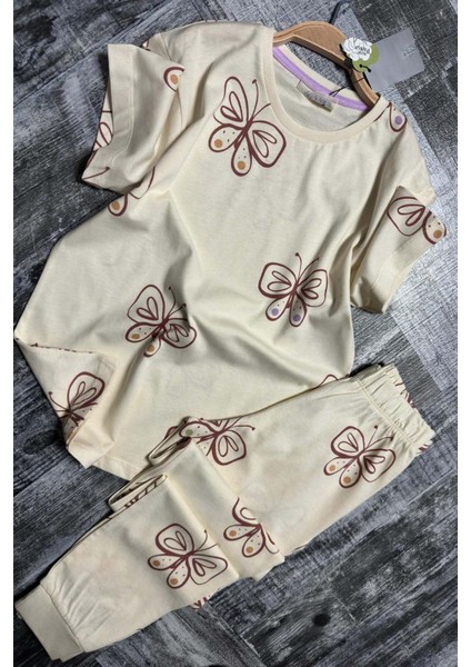 Kız Çocuk Kelebek Desenli T-Shirt Krem Pijama Takımı 8-14 Yaş
