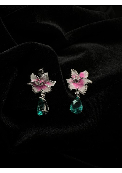 Pembe Mineli Paraiba Çiçek Ithal Kadın Gümüş Küpe