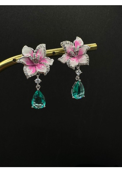 Pembe Mineli Paraiba Çiçek Ithal Kadın Gümüş Küpe modelleri