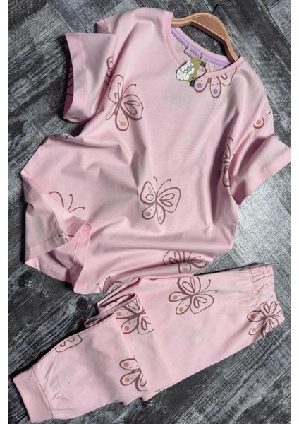 Kız Çocuk Kelebek Desenli T-Shirt Pembe Pijama Takımı 8-14 Yaş