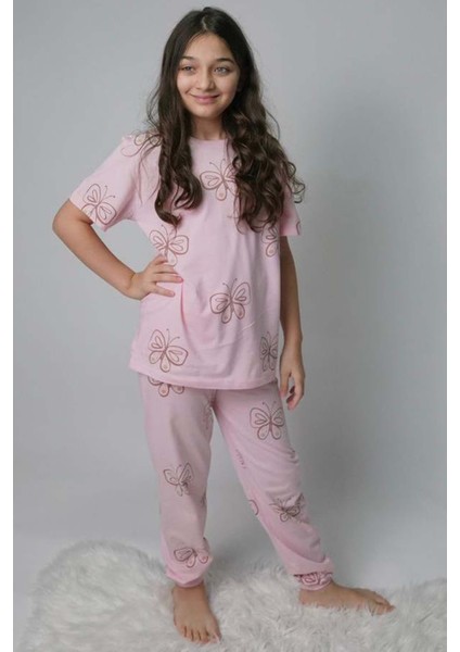 Kız Çocuk Kelebek Desenli T-Shirt Pembe Pijama Takımı 8-14 Yaş fiyatları