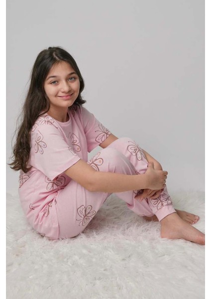 Kız Çocuk Kelebek Desenli T-Shirt Pembe Pijama Takımı 8-14 Yaş modelleri